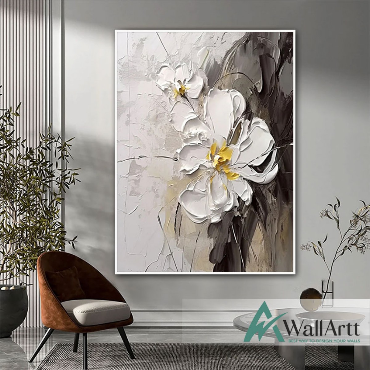 White Flowers 3d Heavy Textured Partial Oil Painting